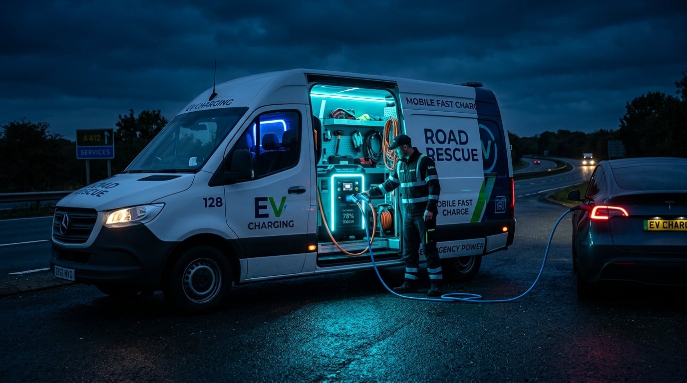Mobile EV charging van providing roadside emergency charging service at night